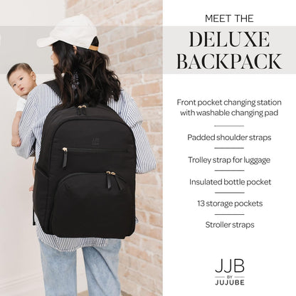JuJuBe JJB New Deluxe Diaper Bag Backpack with Portable Changing Pad, Stroller Straps, Large Travel Backpack for Boy or Girl, Carrying Baby Bottles, Diapers, Pacifiers, Black, Mother's Day Gift