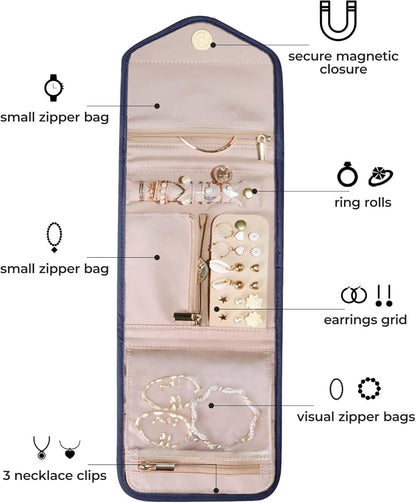 BAGSMART Travel Jewelry Organizer Case Foldable Jewelry Roll for Journey Rings, Necklaces, Earrings, Bracelets,Mini,Smokey Blue