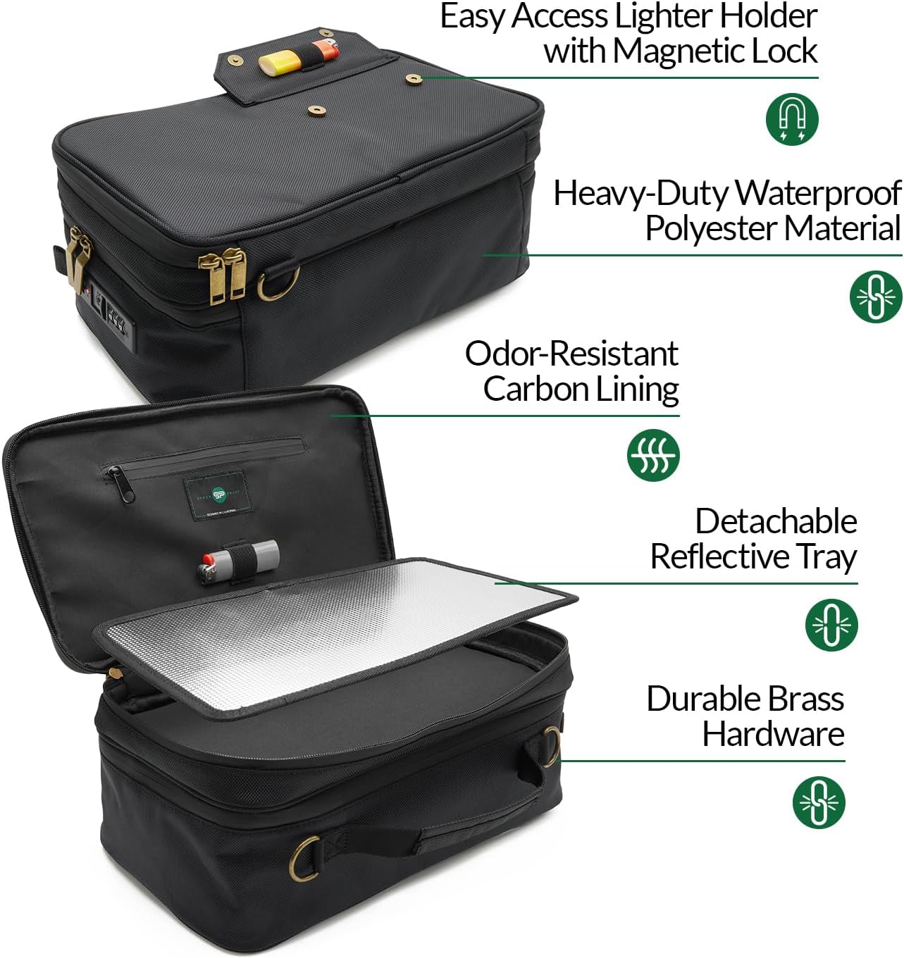 Large Storage Case with TSA Combination Lock Bag, Portable Carbon Lined, XL Medicine Lockable Box for Travel & Home Secured Box Organizer Divider Jars Accessories, Removable Tray (Black)