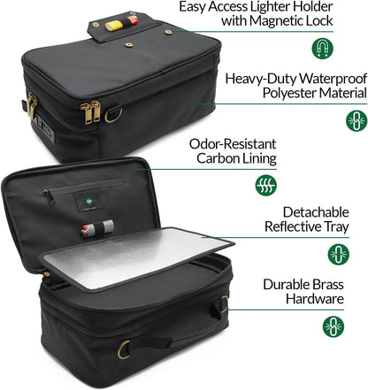 Large Storage Case with TSA Combination Lock Bag, Portable Carbon Lined, XL Medicine Lockable Box for Travel & Home Secured Box Organizer Divider Jars Accessories, Removable Tray (Black)