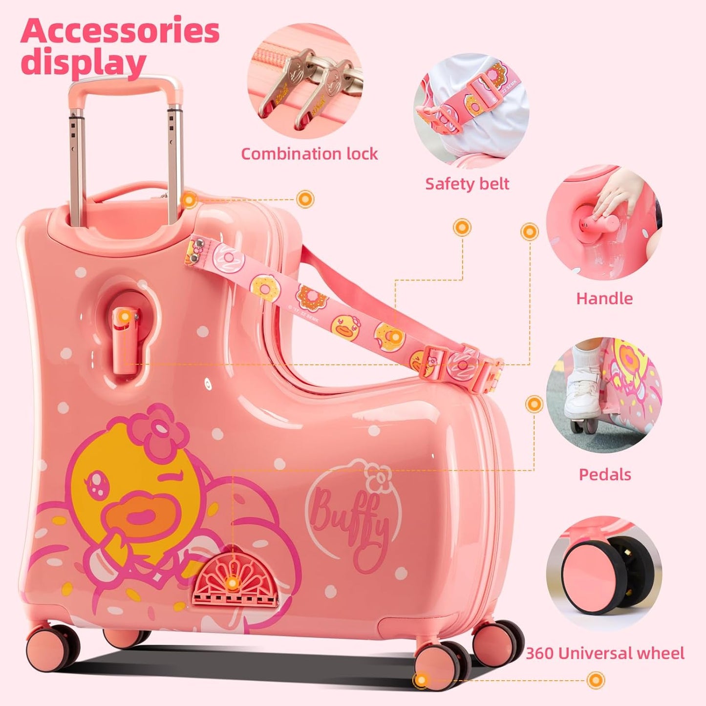 Kids' Lightweight Ride on Luggage with Spinner Wheels & Foldabe Design (Pink Donut, 24"+ Aged 3-12 Toddler),Children Holiday Birthday Gift