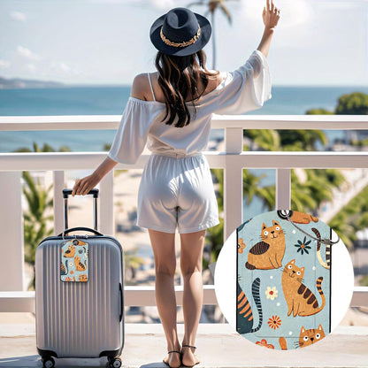 Luggage Tags for Suitcases, 2-Pack PU Leather for Cruise & Travel, Baggage ID Tags with Privacy Cover & Address Card, Durable Metal Ring, Kids Adults Travel Accessories, Whimsical Felines & Flora