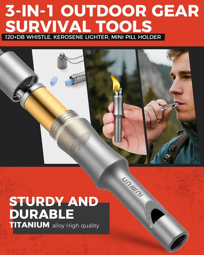 3-in-1 Fire Starter Survival Tool -Titanium Emergency Whistle, Kerosene Lighter & Mini Pill Holder, IPX8 Water-Resistant, Dust-Resistant, Compact for Hiking, Camping, Rescue(Fuel not Included)