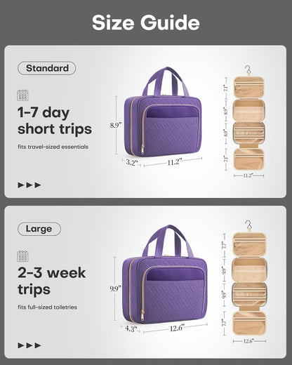 HOTOR Travel Toiletry Bag for Women & Men, Waterproof Makeup Bag with Hanging Hook and Multiple Pockets, Cosmetic Bags for Women, Travel Essentials, 11.2'' x 3.2'' x 8.9'', Dark Purple