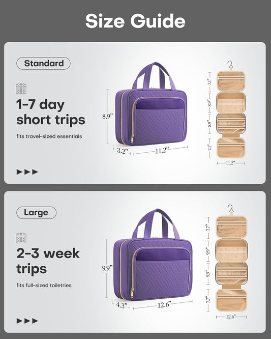 HOTOR Travel Toiletry Bag for Women & Men, Waterproof Makeup Bag with Hanging Hook and Multiple Pockets, Cosmetic Bags for Women, Travel Essentials, 11.2'' x 3.2'' x 8.9'', Dark Purple