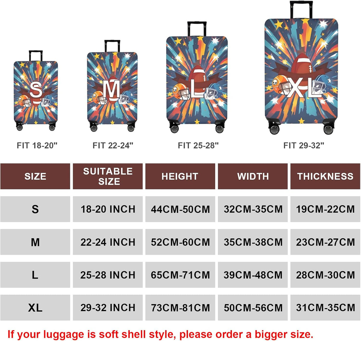 WUJIAONIAO Travel Luggage Cover Baggage Suitcase Cover Protector Skins 18-32 Inch (Rugby, L (for 25-28 inch luggage))