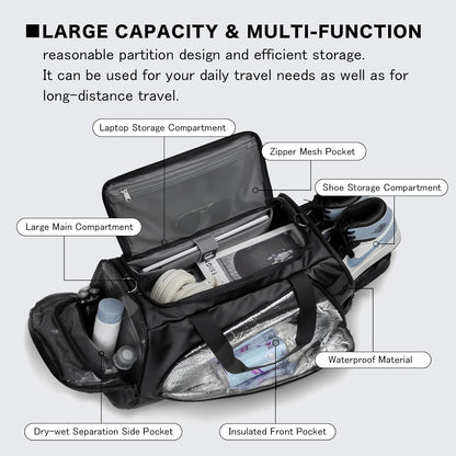 40L Travel Duffle Bag, 4-in-1 Large Gym Bag with Shoe & Wet Clothes and Laptop Compartments, Black