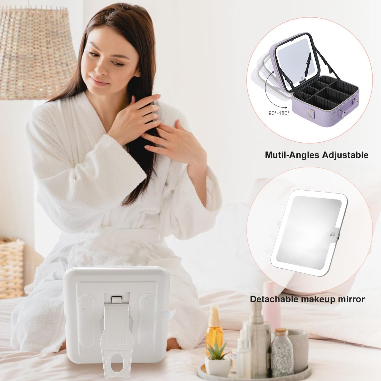 Mocado Travel Makeup Bag with LED Lighted Mirror,Travel Makeup Organizer,Makeup Case with 3 Color Lighted Setting and 10x Magnifying Mirror,Portable Storage and Adjustable Dividers Makeup Box(Purple)