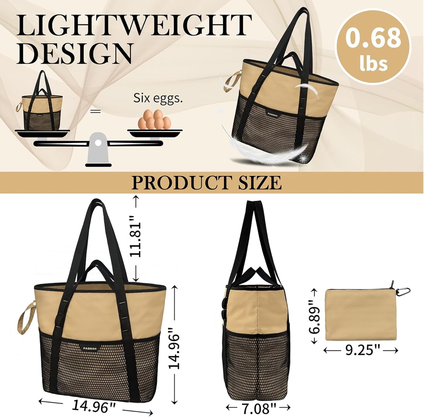 Beach Bag with Zipper - 8 Pockets Sandproof Beach Tote Bag for Women,Foldable Lightweight Family Swim Bag Vacation
