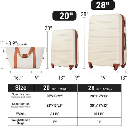 Merax Luggage Sets Carry on Suitcase Airline Approved,Hard Case Expandable Spinner Wheels, White and Brown, 3-Piece Set (20+28IN+Bag)