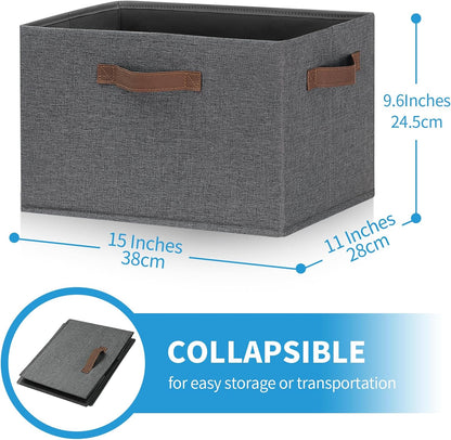 GhvyenntteS Large Fabric Storage Bins with 3 Handles, 15x11x9.6 Inch Storage Baskets for Shelves, Foldable Closet Storage Bins for Shelves, Closet Organizers and Storage Boxes, Gray