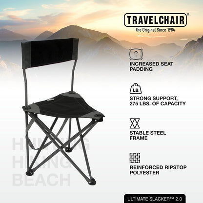 Travel Chair Ultimate Slacker, Quick Folding Tripod Stool with Backrest, Fishing Camping Hiking Chair with Carry Strap, Polyester, Black
