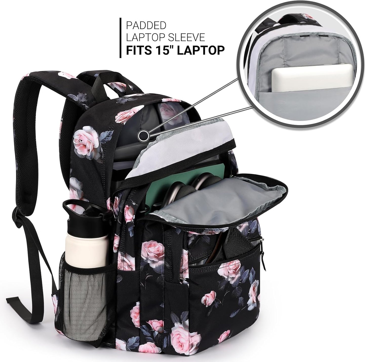 ZORFIN 26L Backpack for College, and Travel: Water Resistant Bookbag - Rose Black