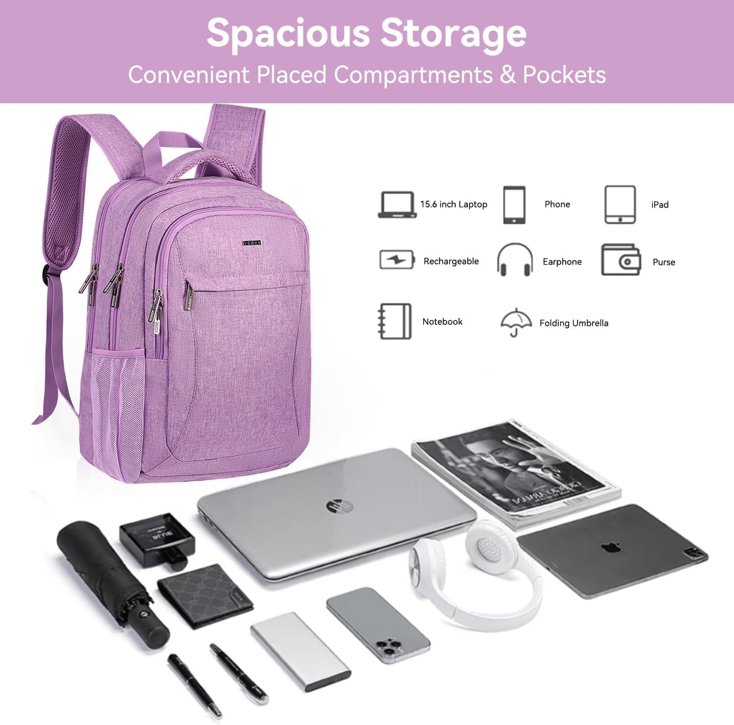 Voova Travel Laptop Backpack, Business Work Laptop Backpack for Women & Men with USB Charging Port, Waterproof Slim Durable College Computer Bag Fits 15.6 Inch Laptops and Notebook, Purple