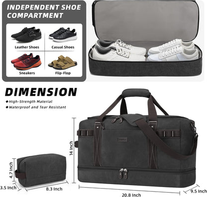 ZOMFELT Travel Duffle Bag for Men, Waterproof Canvas Overnight Duffel Bag with Removable Dividers & Shoe Compartment, Carry On Weekender Gym bag, Multi-Pocket & Vintage Design (Washed Black)