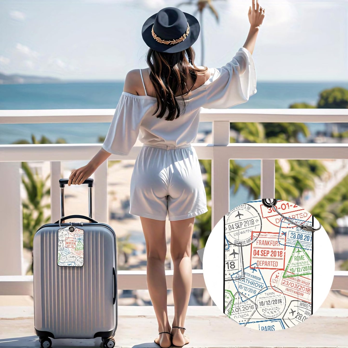 Luggage Tags for Suitcases, 2-Pack PU Leather for Cruise & Travel, Baggage ID Tags with Privacy Cover & Address Card, Durable Metal Ring, Kids Adults Travel Accessories, Global Stamps