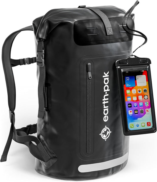 Earth Pak Waterproof Backpack - Heavy Duty Hiking Backpack - Roll-Top Closure Bag - Cushioned Dry Bag Waterproof Phone Case