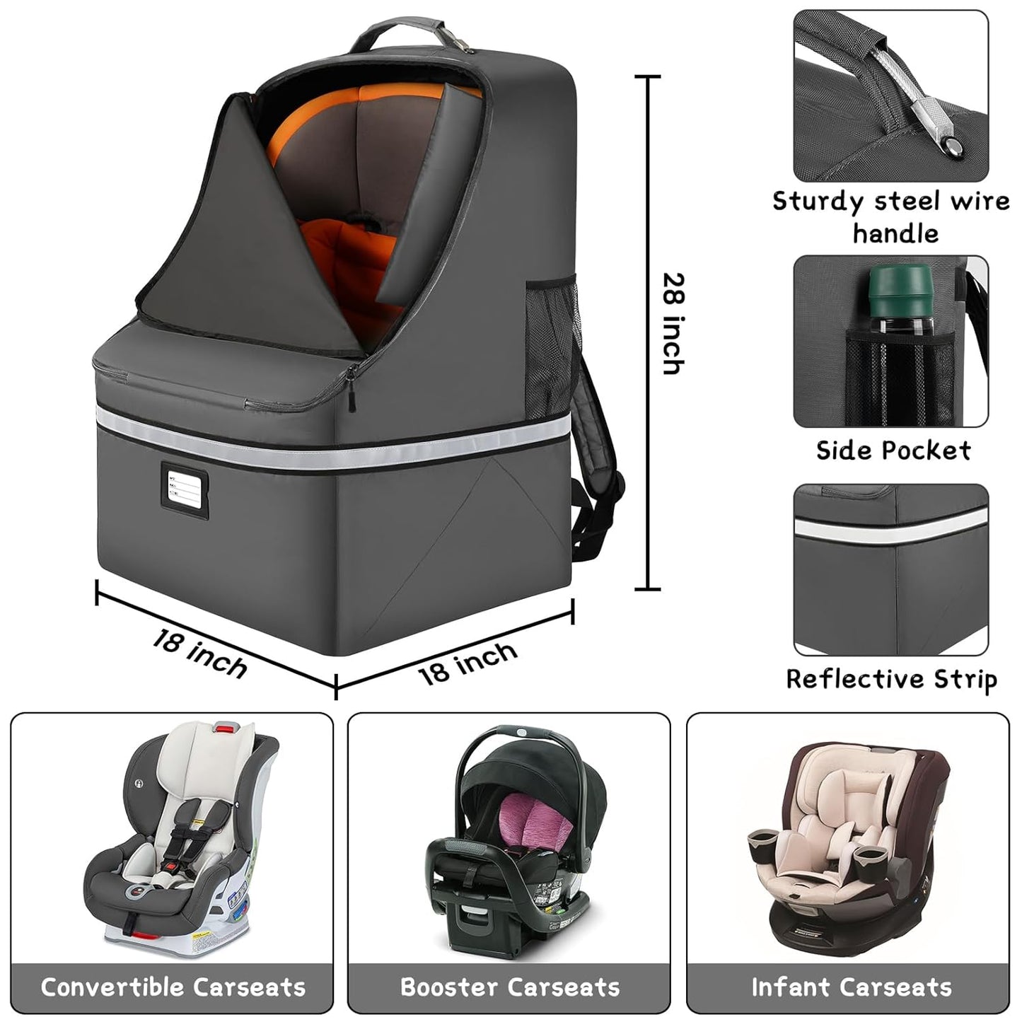 Car Seat Travel Bag - Padded Car Seat Carrier with Steel Cable Handle and Reflective Stripes, Large Durable Airport Gate Check Bag with Shoulder Strap