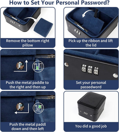 KAMIER Watch Travel Case with Combination Lock - 2 Watch Storage and Jewelry Organizer - Watch Case for Ring and Watch Storage, PU Leather Travel Watch Case, Ideal for Gift (With Gift Box) (Black)