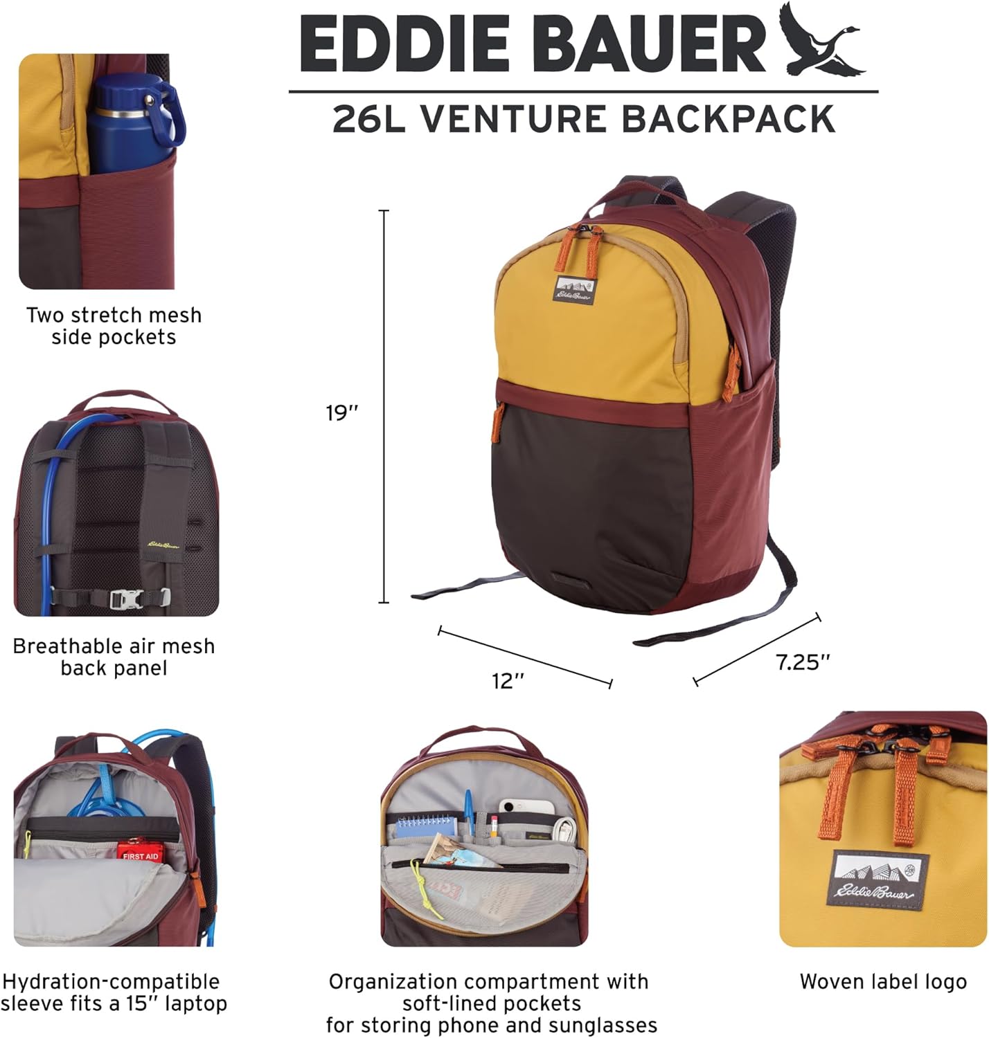 Eddie Bauer 26L Venture Backpack, Hydration and Laptop Compatible Daypack, Redwood and Antique Gold