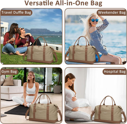 Travel Duffle Bag for Women, Weekender Bags, Hospital Bag for Labor Delivery, Lightweight Tote Duffel Overnight Bag with Luggage Sleeve, Airplane Travel Bags with Toiletry Bag, Large, Khaki