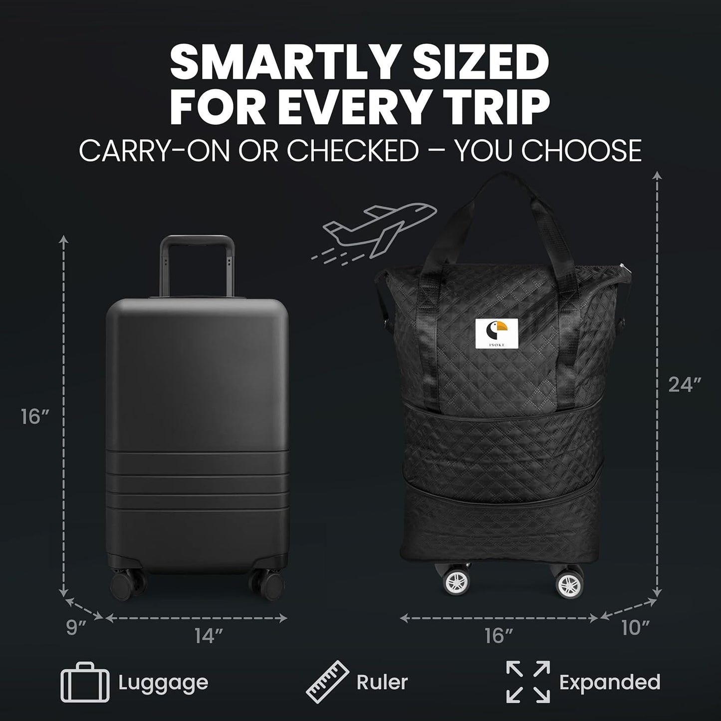 ISOKE Foldable Travel Duffel Bag - TSA Approved - With Wheels & Shoe Compartment - Weekender Bags for Women - Carry On Overnight Bag - Black - 16"×10"×24"