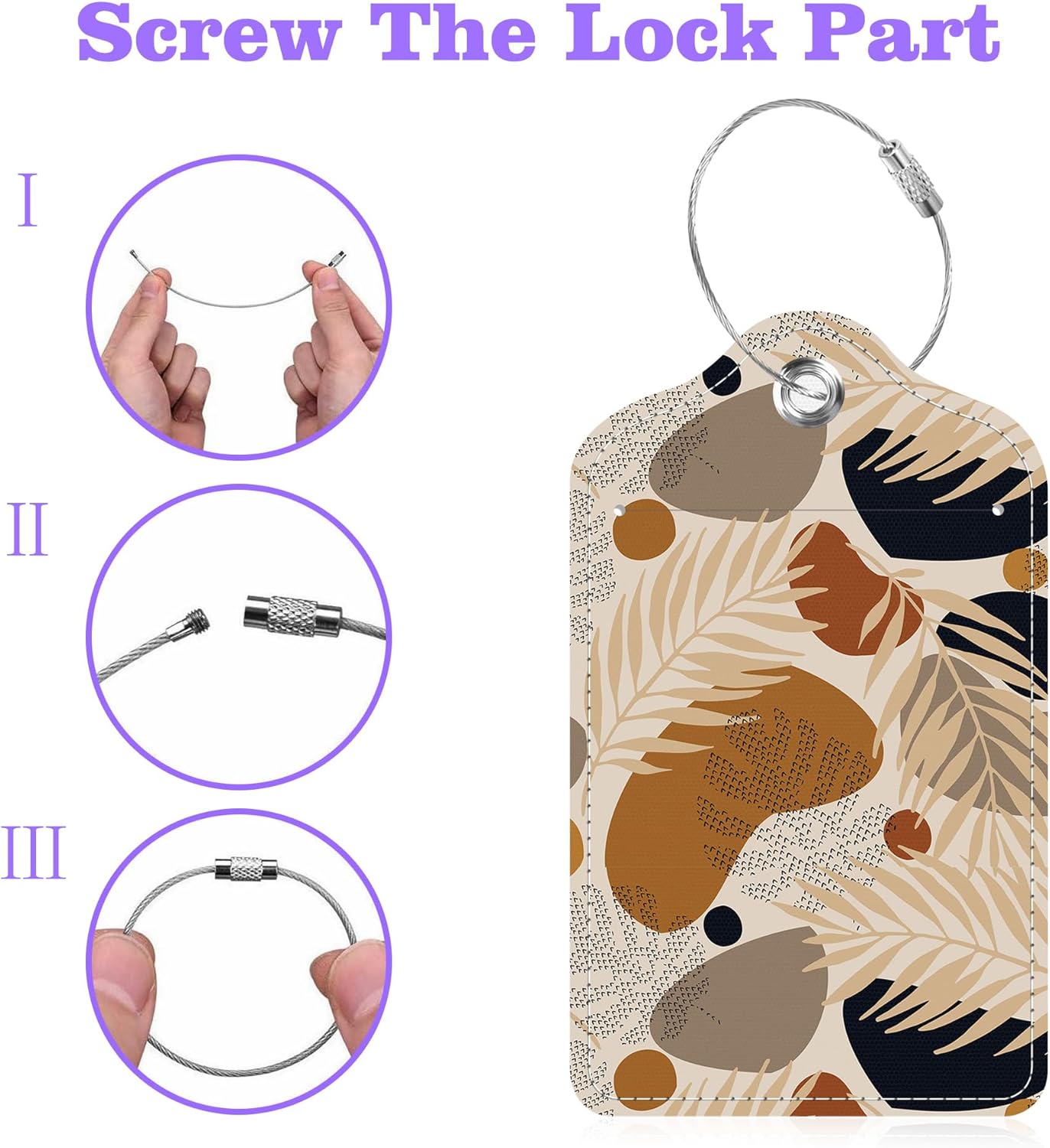 Boho Tropical Leaves Luggage Tags 2PCS PU Leather Suitcases Tag with Stainless Steel Loop and Privacy Name Address Cover Label Card for Women Men Travel