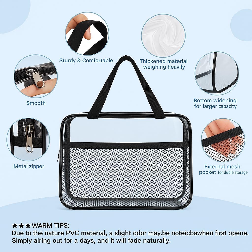 XEWEA 2PCS Middle TSA Approved Clear Travel Toiletry Bags for Men Women, Transparent Makeup Cosmetic Bag with Handle Zipper, Waterproof PVC Quart Organizer Pouch for Airport Airline Essential, Balck