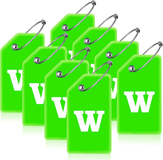 8 Pcs Luggage Tags for Suitcases, 26 Initial Letter Travel Luggage Baggage Identification Labels ID Tags Fully Bendable Tags with Stainless Steel Loop (Letter W, Green)