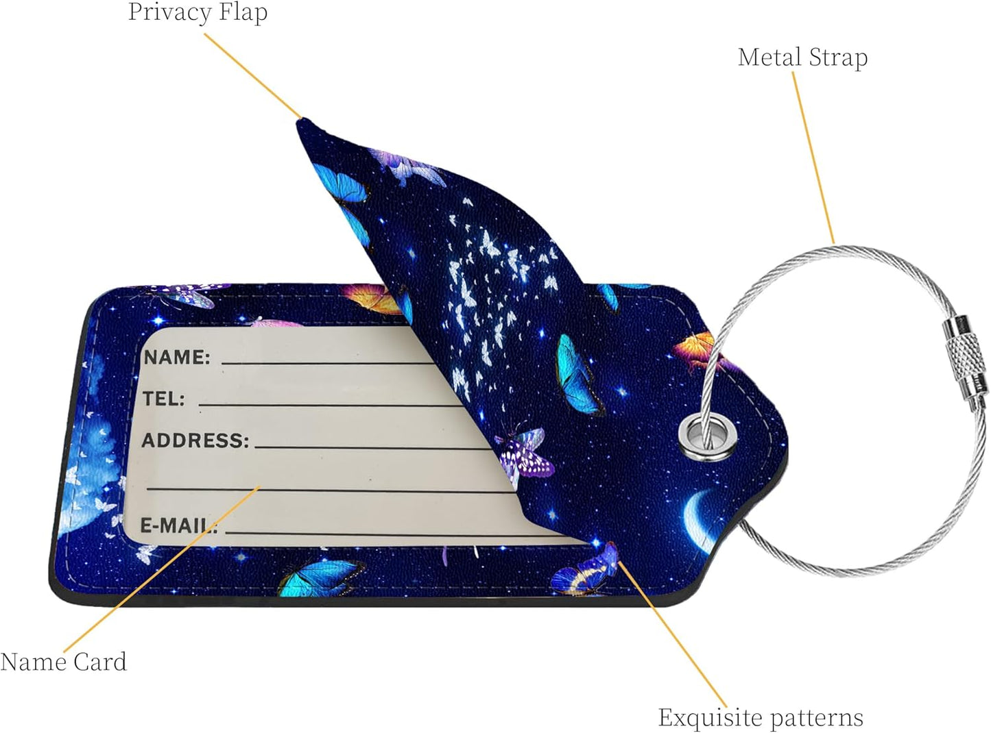 2 Pcs Luggage Tags for Suitcases, PU Leather Cruise Ship Luggage Tags with Privacy Cover Label Address Card and Durable Metal Ring Suitable for Men Women Handbags Backpacks,Starry Night Butterfly