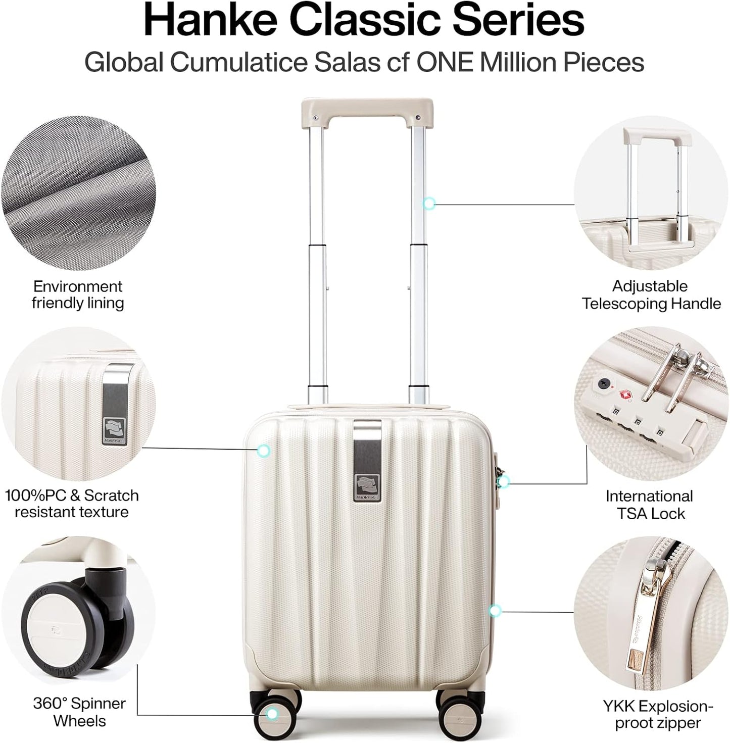 Hanke 14 Inch Underseat Carry On Luggage with Wheels, Lightweight, Waterproof, TSA-Approved, Suitcase, Ivory White