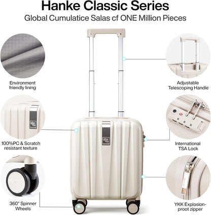 Hanke 14 Inch Underseat Carry On Luggage with Wheels, Lightweight, Waterproof, TSA-Approved, Suitcase, Ivory White
