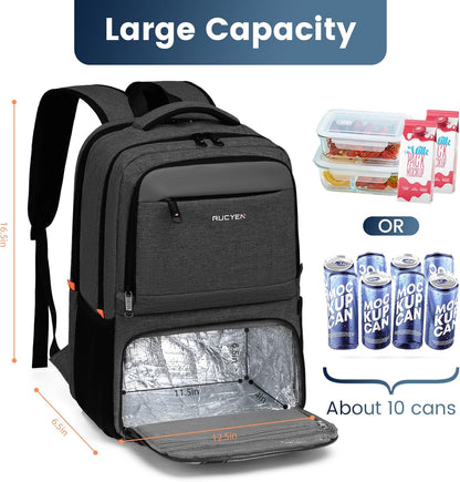 Lunch Backpack, Insulated Cooler Backpack Lunch Box for Men Women, 15.6 Inches RFID Blocking Laptop Backpack with USB Port Lunch Bag for Work Travel Black