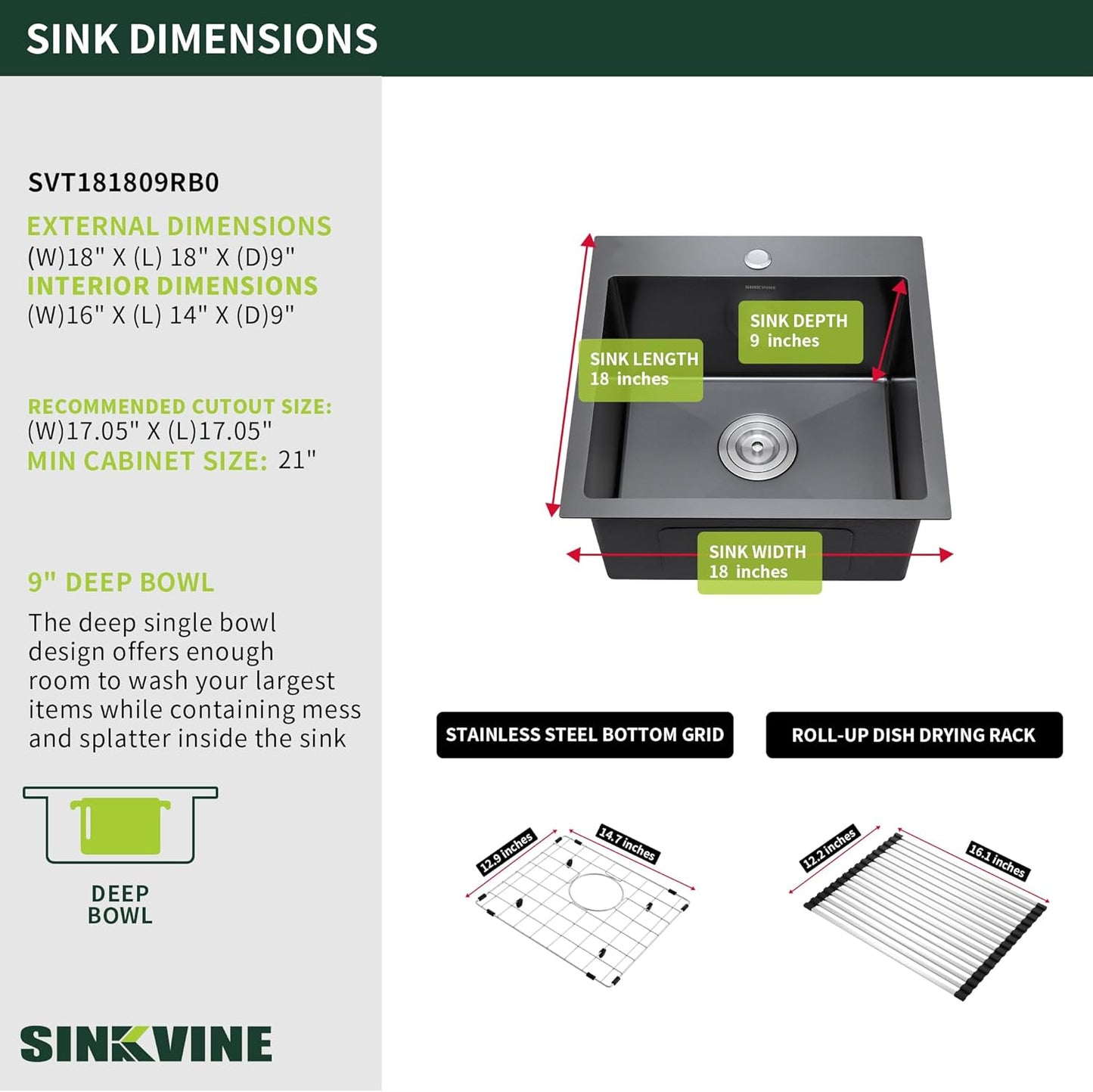 18-Inch Black Bar Sink Drop-In, SINKVINE PVD Nano Stainless Steel Kitchen Sink for Laundry, Outdoor, RV, Top Mount Deep Single Bowl Sink w/Drain Strainer, Bottom Grid, Roll-up Drying Unit, Dark Gray