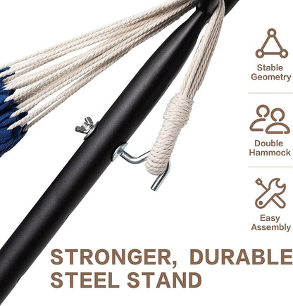 PNAEUT Double Hammocks with Stand for Outside, Portable Space Saving Heavy-Duty Steel Stand for Indoor Outdoor Patio with Carrying Bag, 450 lbs Capacity (Navy)