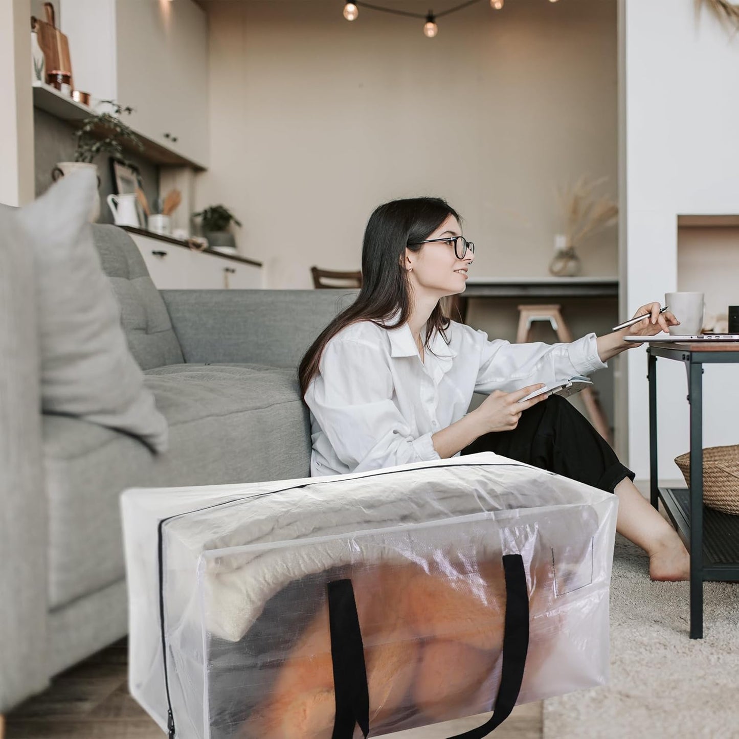 6 Pack Heavy Duty Extra Large Moving Bags with Black Handles, Waterproof Foldable Storage Totes, Clothing Storage Bags, Packing Moving Boxes for College Supplies & Seasonal Storage, Clear