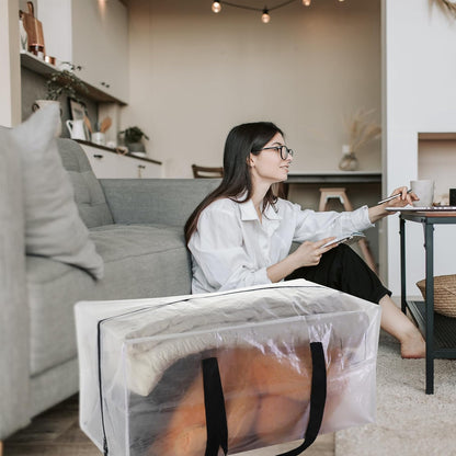 6 Pack Heavy Duty Extra Large Moving Bags with Black Handles, Waterproof Foldable Storage Totes, Clothing Storage Bags, Packing Moving Boxes for College Supplies & Seasonal Storage, Clear