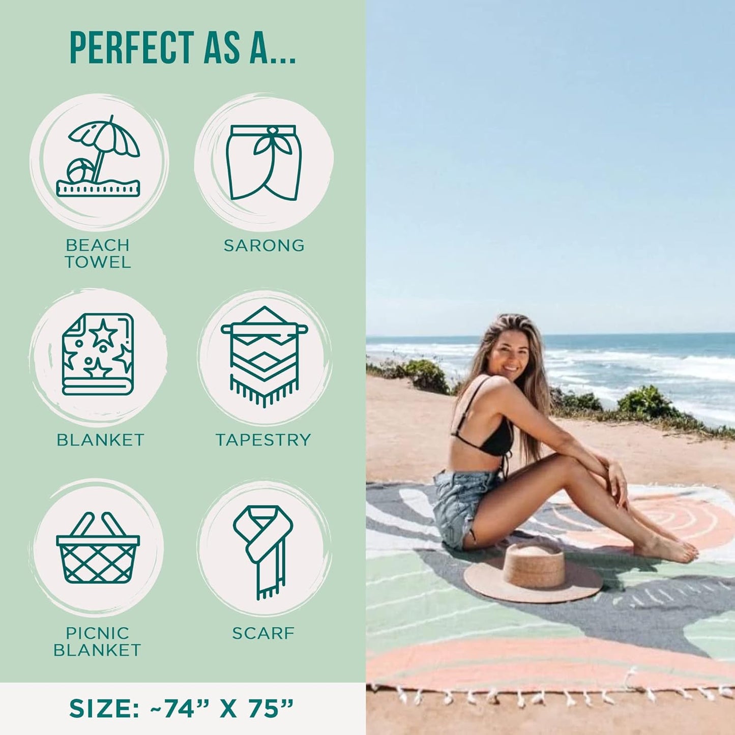 Sand Cloud Extra Large Turkish Beach Towel - Sand Free - 100% Organic Turkish Cotton Yarn - Quick Dry Towel for Beach, Picnic, Blanket or Bath - As Seen on Shark Tank - Marine Life (Whale Fin)