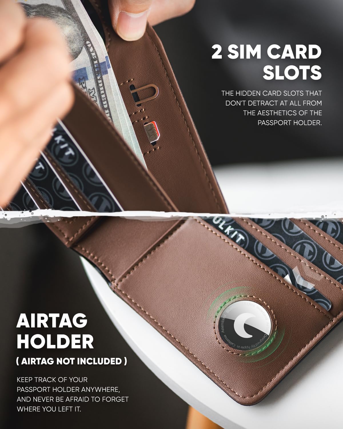 VULKIT Passport Holder with Airtag Holder RFID Blocking Passport Wallet Travel Leather Passport for Women(Black Brown)
