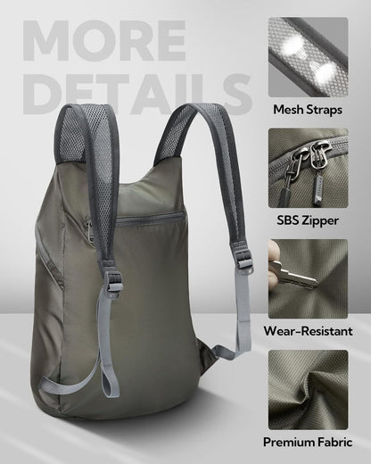 WATERFLY Foldable Lightweight Hiking Backpack: 15L Packable Traveling Daypack Men Women Ultralight Thin Casual Day Pack Bag for Outdoor Sports Camping Beach Park (Gray)