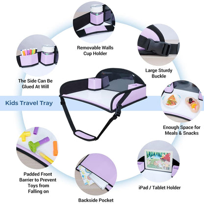 COOLBEBE Kids Travel Tray for Car Seats, Toddler Lap Desk with Dry Erase Surface, Portable Activity Table for Road Trips, Snack & Play Tray (Purple)