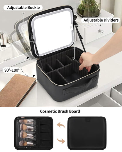 Makeup Bag With LED Mirror, Travel Makeup Case with Light up Mirror Large Cosmetic Case with 3 Color Lighted Portable Organizer Bag with Adjustable Dividers（Black）
