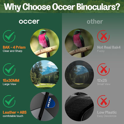 15x30 Compact Binoculars for Adults and Kids - Occer Large View High Powered Binoculars for Bird Watching - Lightweight Easy Focus Binocular with Low Light Vision for Outdoor Hunting Travel - Black