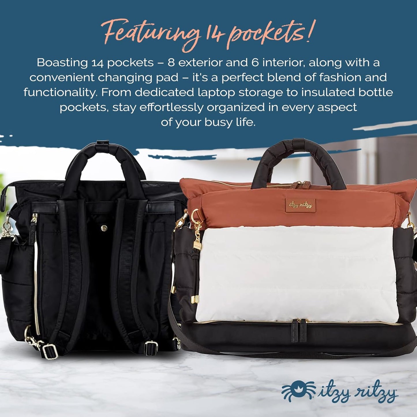 Itzy Ritzy Dream Convertible Diaper Bag Tote Backpack - Baby Diaper Bag with 14 Pockets, Changing Pad & More (Coffee & Cream)