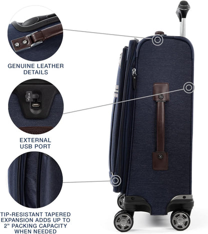 Travelpro Platinum Elite Softside Expandable Carry on Luggage, 8 Wheel Spinner Suitcase, USB Port, Suiter, Men and Women, True Navy Blue, Carry On 21-Inch