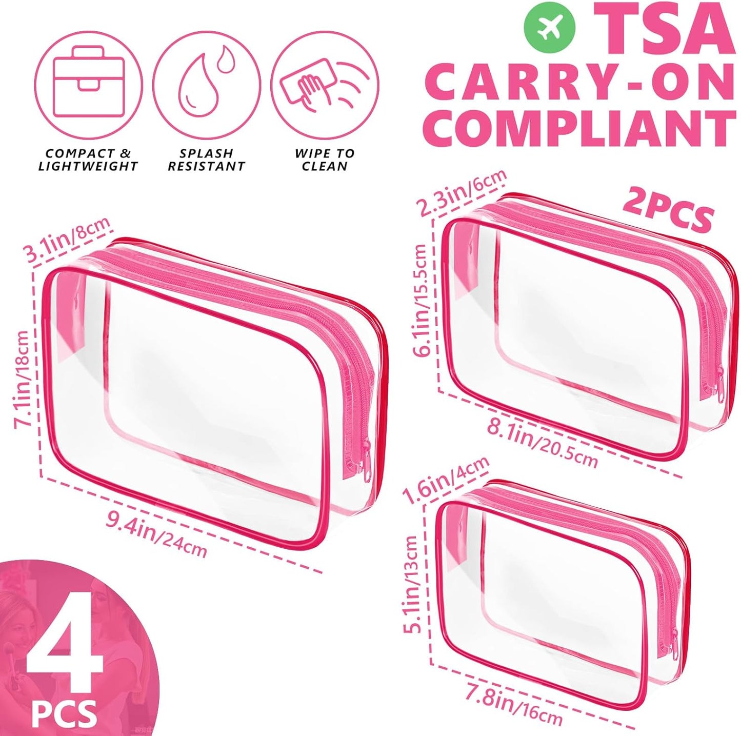 AURUZA 4 Pack Clear Toiletry Bag, Portable Travel Makeup Pouch with Zipper, TSA Approved Organizer, PVC Cosmetic for Airport Airline Compliant