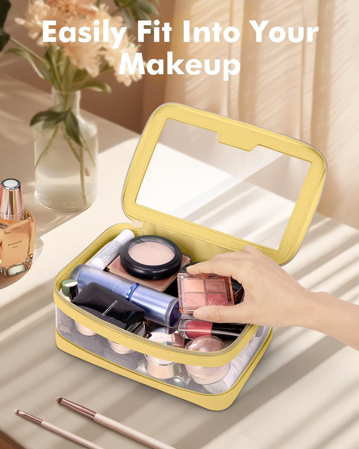 Travel Clear Makeup Bag with Makeup Brush Bag, Leather Makeup Case Toiletry Bag, Portable Cosmetic Bag Case, Transparent Waterproof Cosmetic Organizer Storage Bag for Women, Yellow