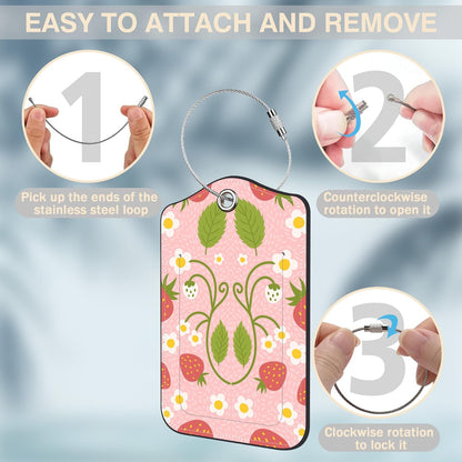 2 Pack Luggage Tags for Suitcases Strawberry and Flowers Leather Luggage Tags Privacy Cover ID Label with Stainless Steel Loop and Address Card for Women Men Travel Bag Backpack