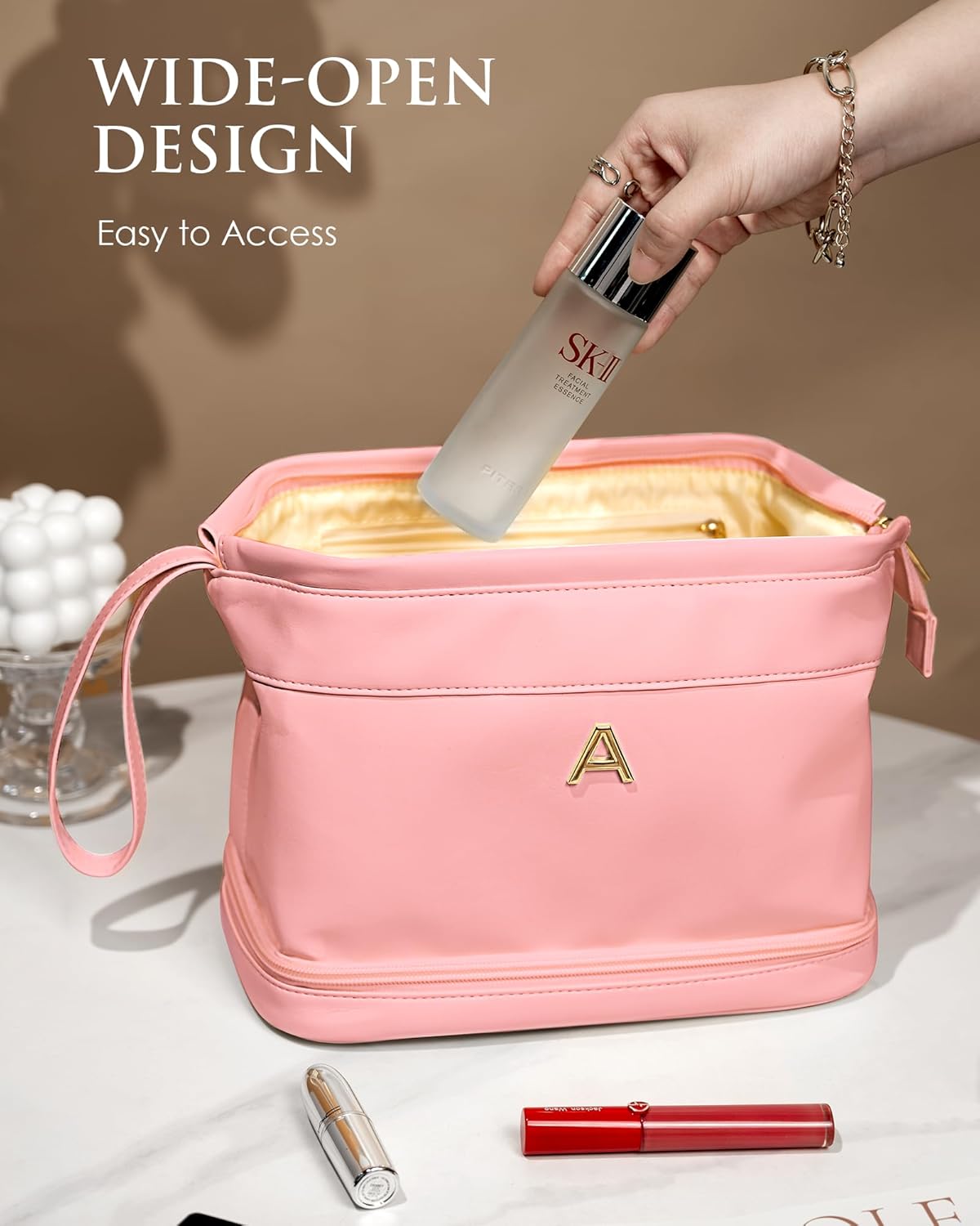 Initial Makeup Bag, Daughter Gifts, Gifts for Teenage Girls Cosmetic Bag with Makeup Brush Organizer, Waterproof, Stuff Bags for Travel Toiletry Bag Cute Things for Girls