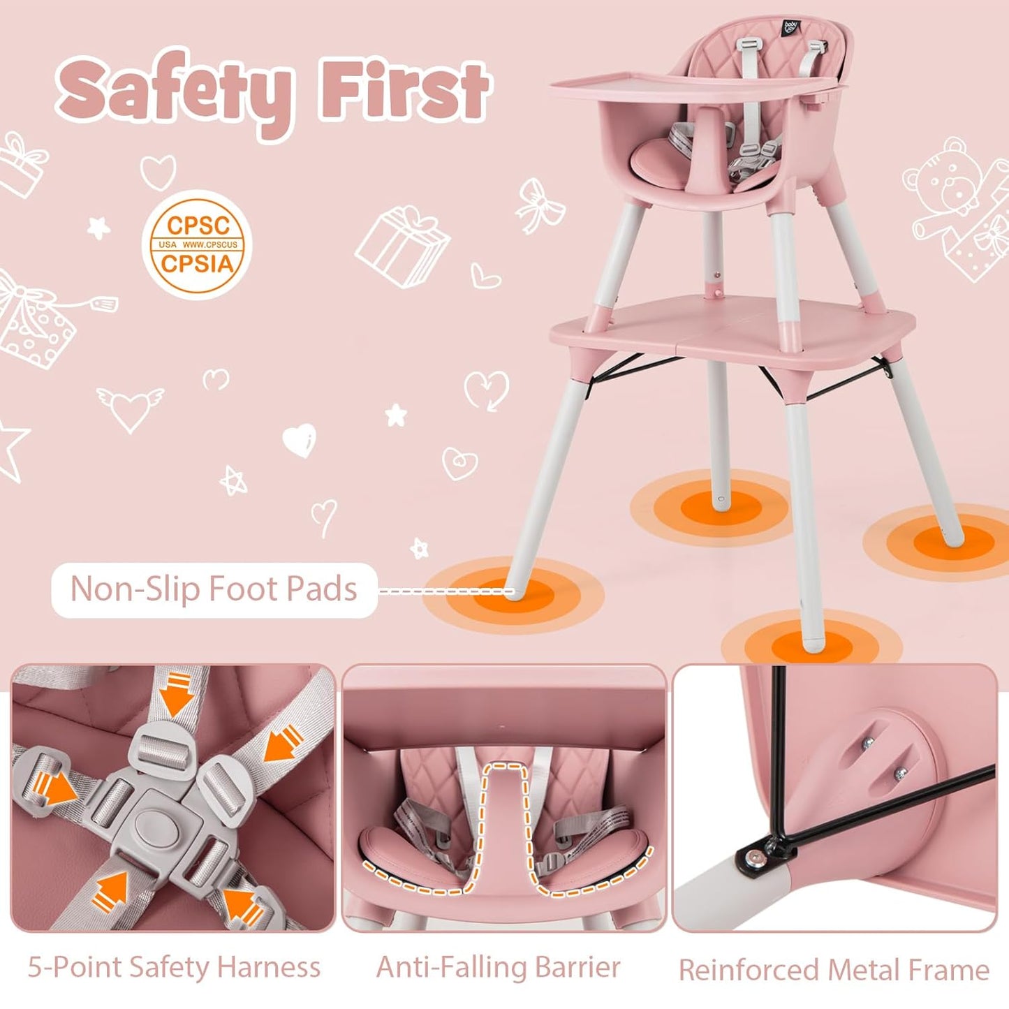 HONEY JOY 5-in-1 High Chair, Convertible Highchair for Babies and Toddlers/Kids Chair Table Set/Infant Feeding Chair w/Safety Harness, PU Leather Cushion & Removable Food Tray (Pink)